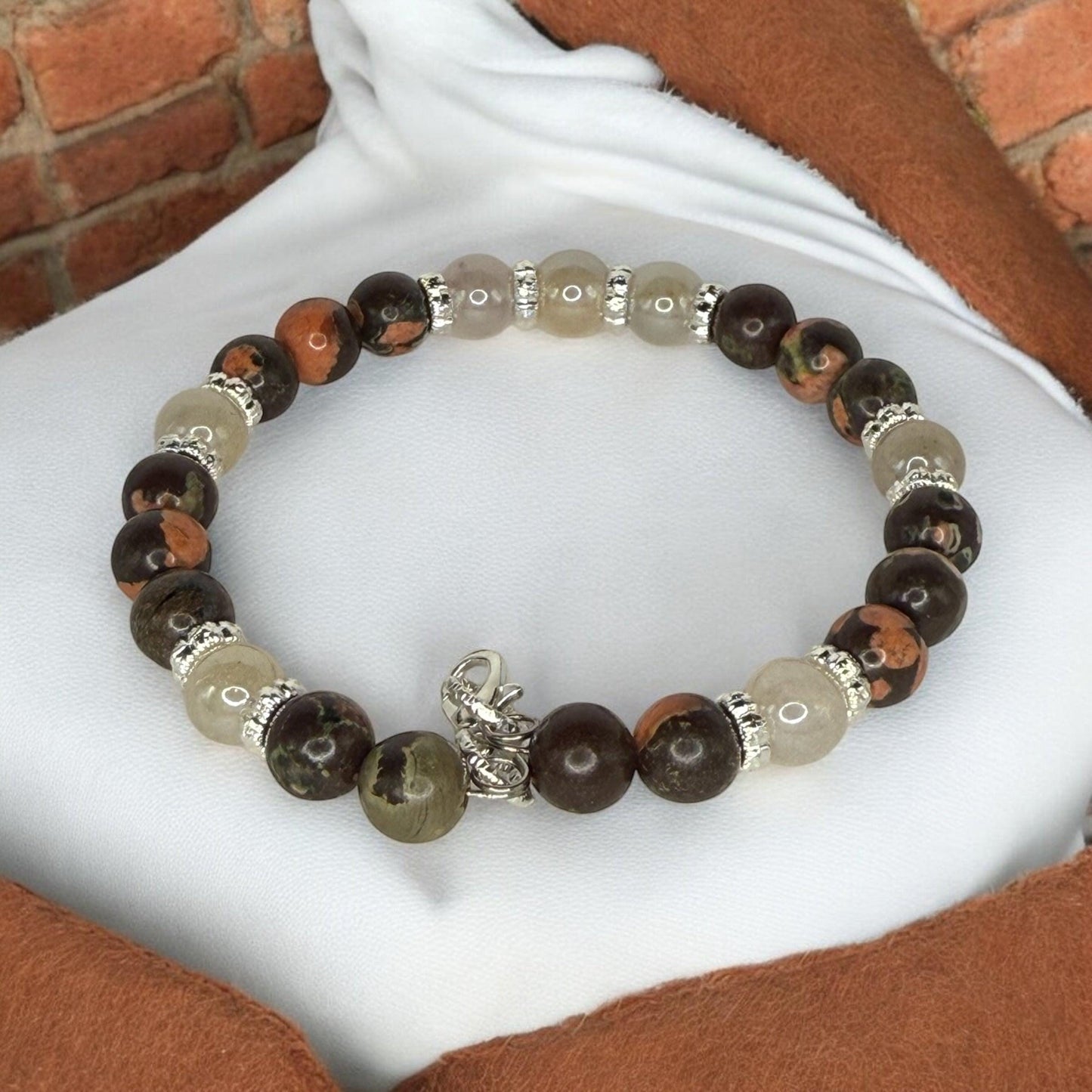 Snowflake Obsidian Jasper and Sunstone Wire Bracelet 7.5-7.75&quot;