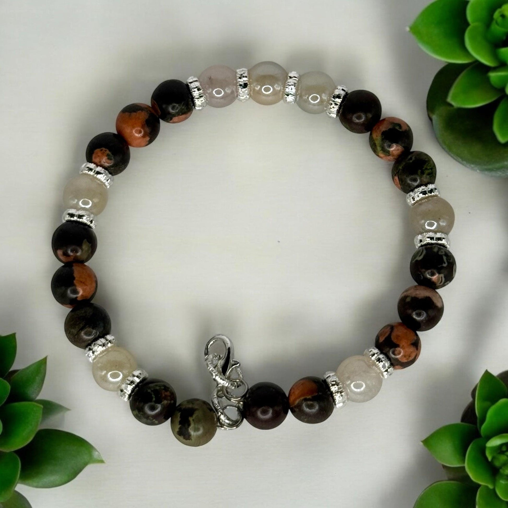 Snowflake Obsidian Jasper and Sunstone Wire Bracelet 7.5-7.75&quot;