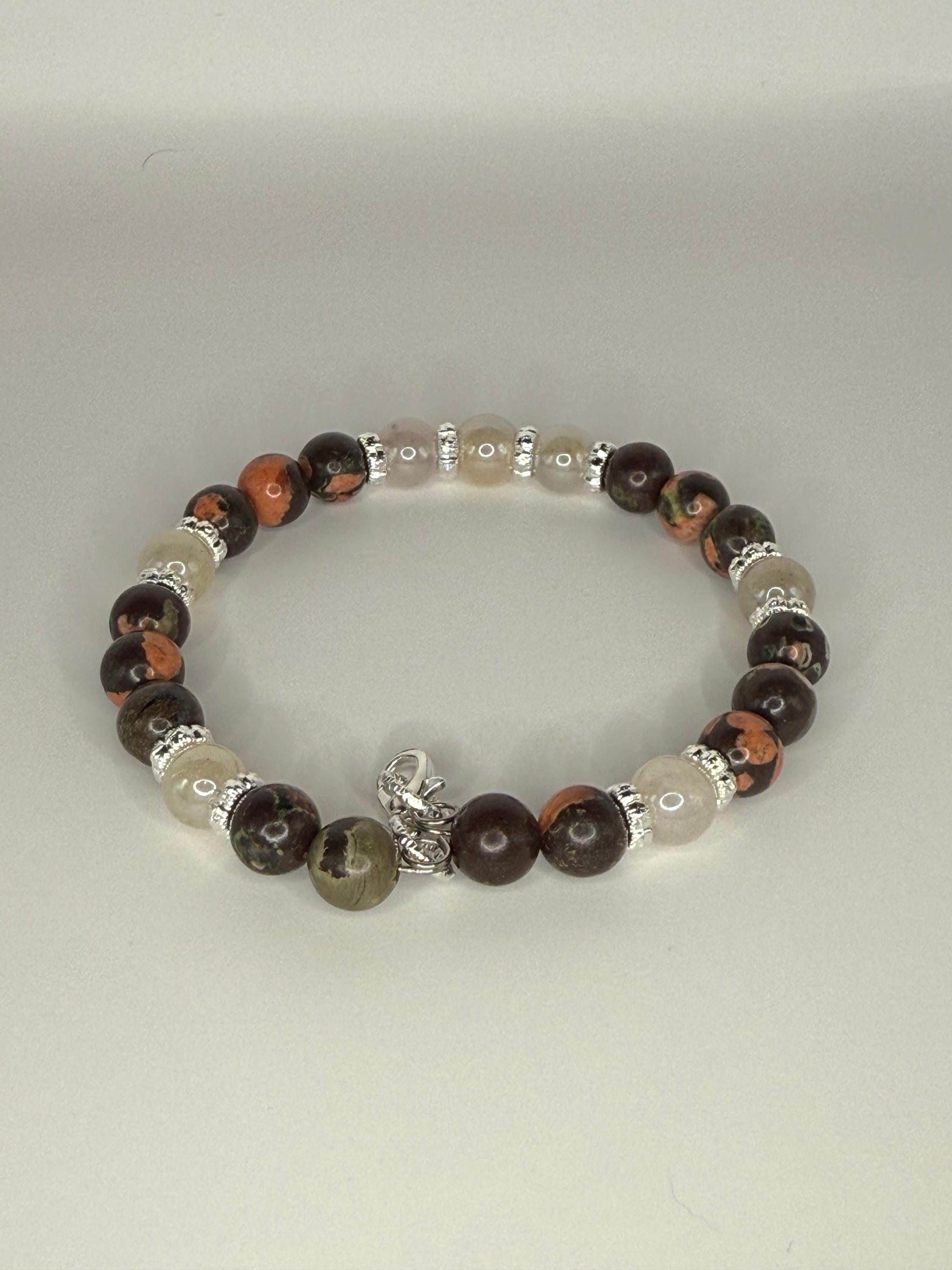 Snowflake Obsidian Jasper and Sunstone Wire Bracelet 7.5-7.75&quot;
