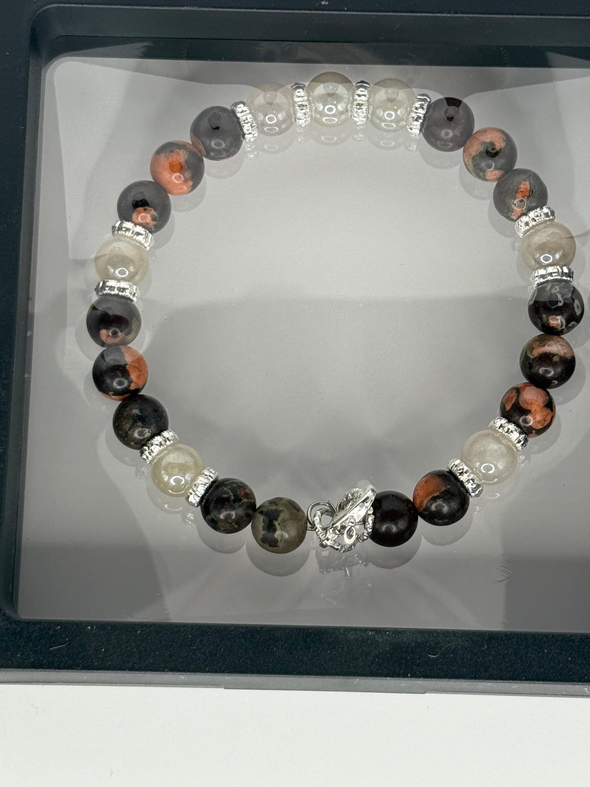 Snowflake Obsidian Jasper and Sunstone Wire Bracelet 7.5-7.75&quot;