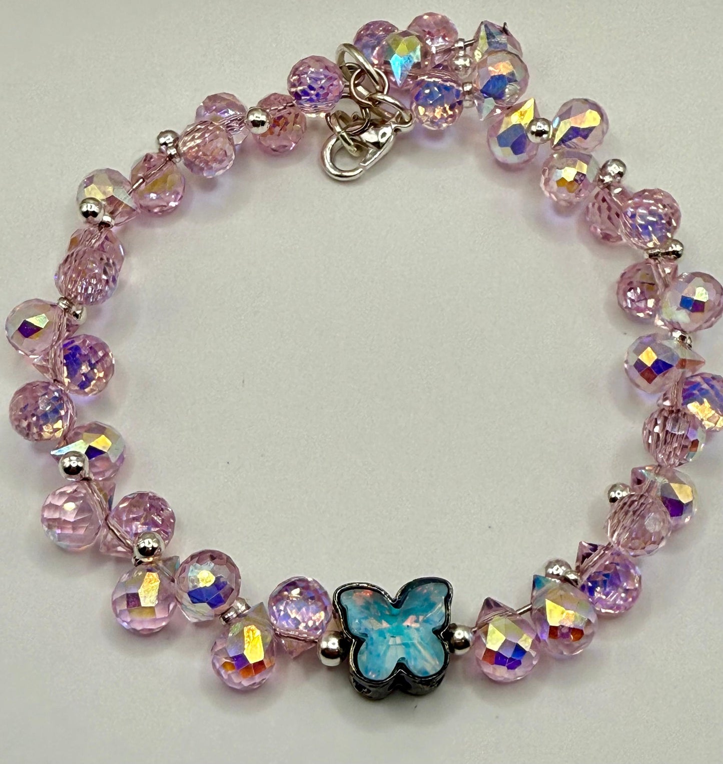 Pink Faceted Disco Cut Bracelet with Butterfly Focal 7.75&quot;-8&quot;