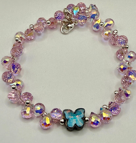 Pink Faceted Disco Cut Bracelet with Butterfly Focal 7.75&quot;-8&quot;