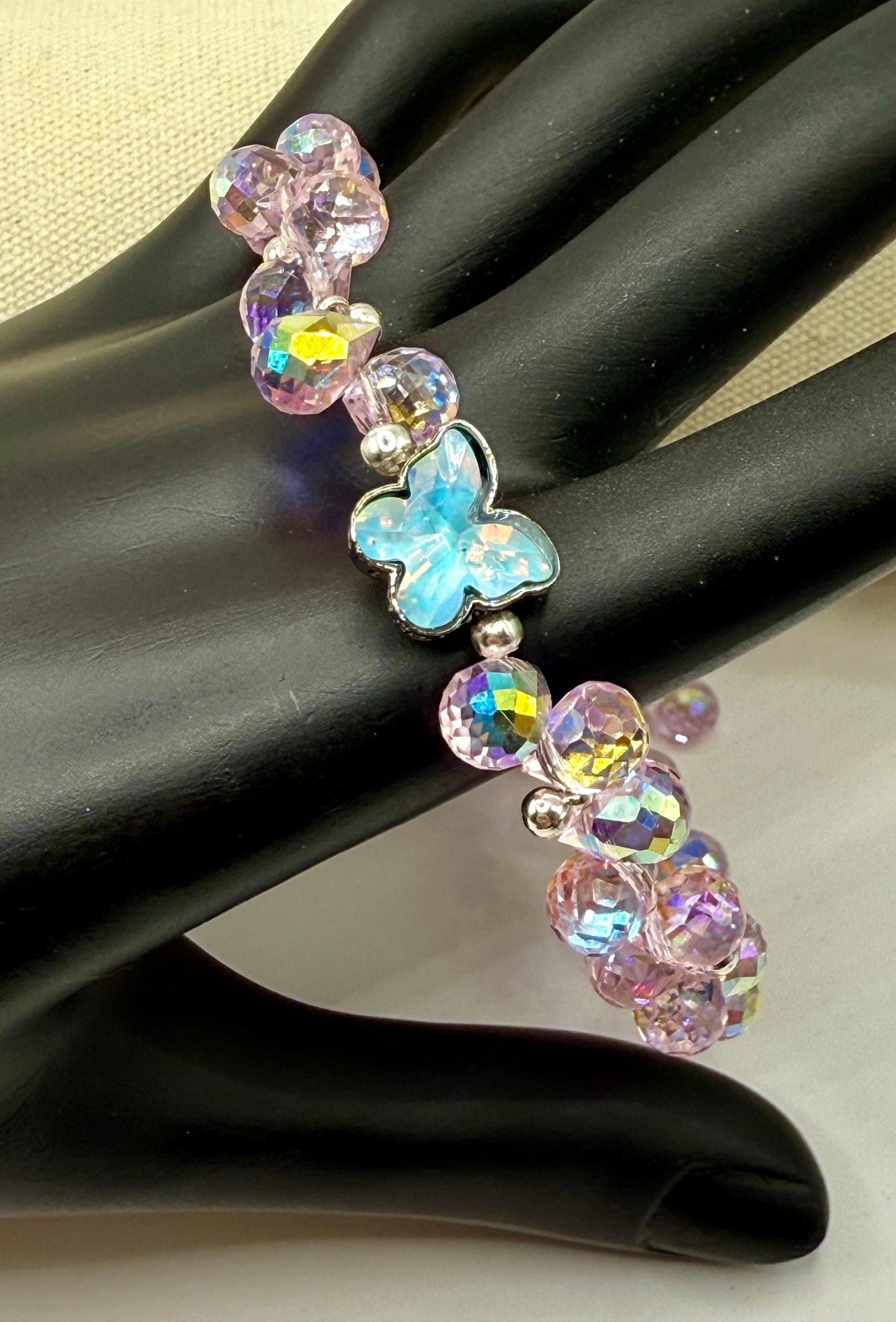 Pink Faceted Disco Cut Bracelet with Butterfly Focal 7.75&quot;-8&quot;