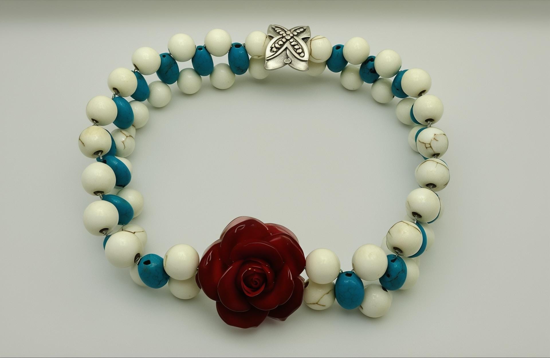 White and Turquoise Howlite Double Strand Stretch Bracelet with Red Jasper Rose Focal 8&quot;