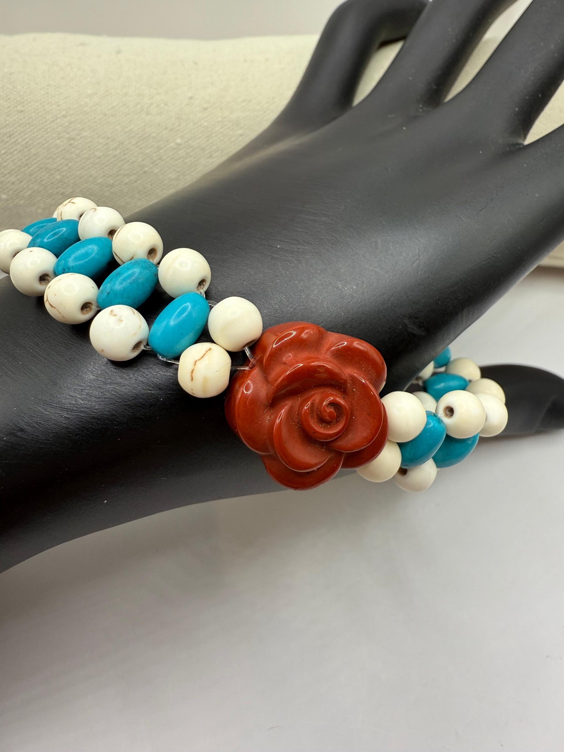 White and Turquoise Howlite Double Strand Stretch Bracelet with Red Jasper Rose Focal 8&quot;