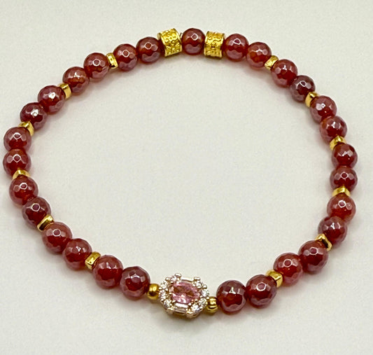 Cranberry Agate Stretch Bracelet with Pink Rhinestone Focal 8&quot;