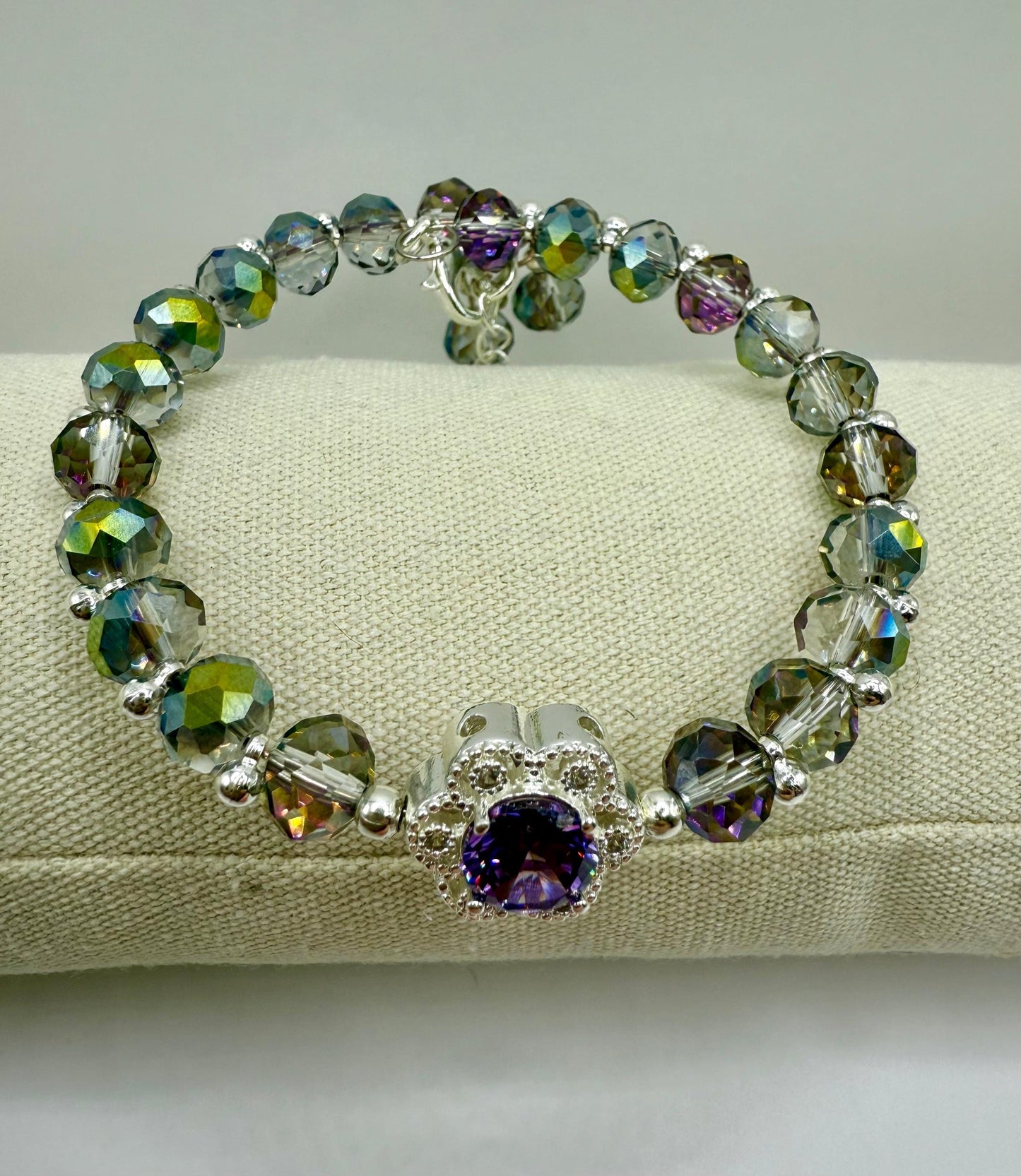 Purple AB Disco Faceted Glass with Floral Rhinestone Focal
