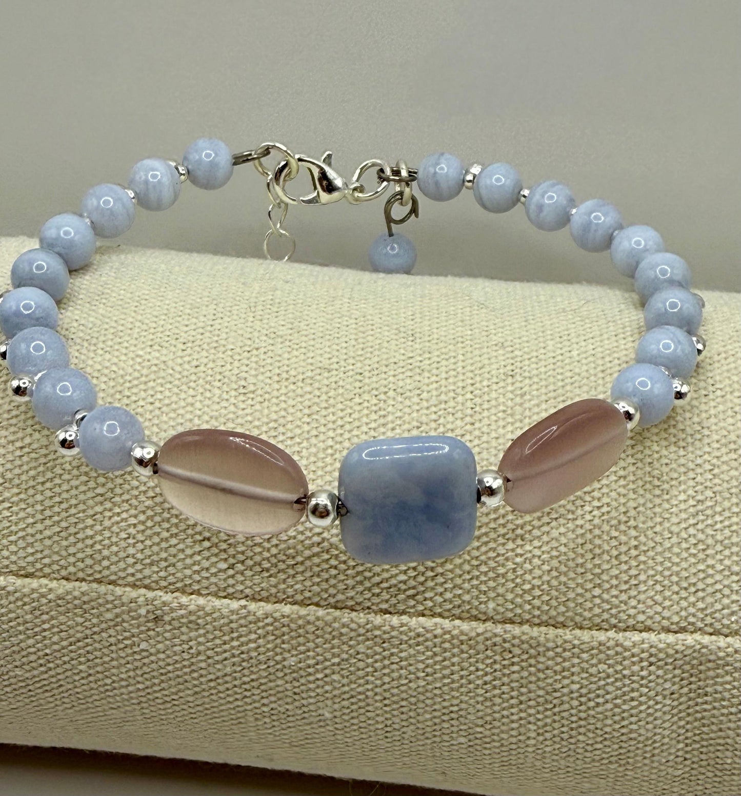 Blue Lace Agate and Rose Quartz Wire Bracelet