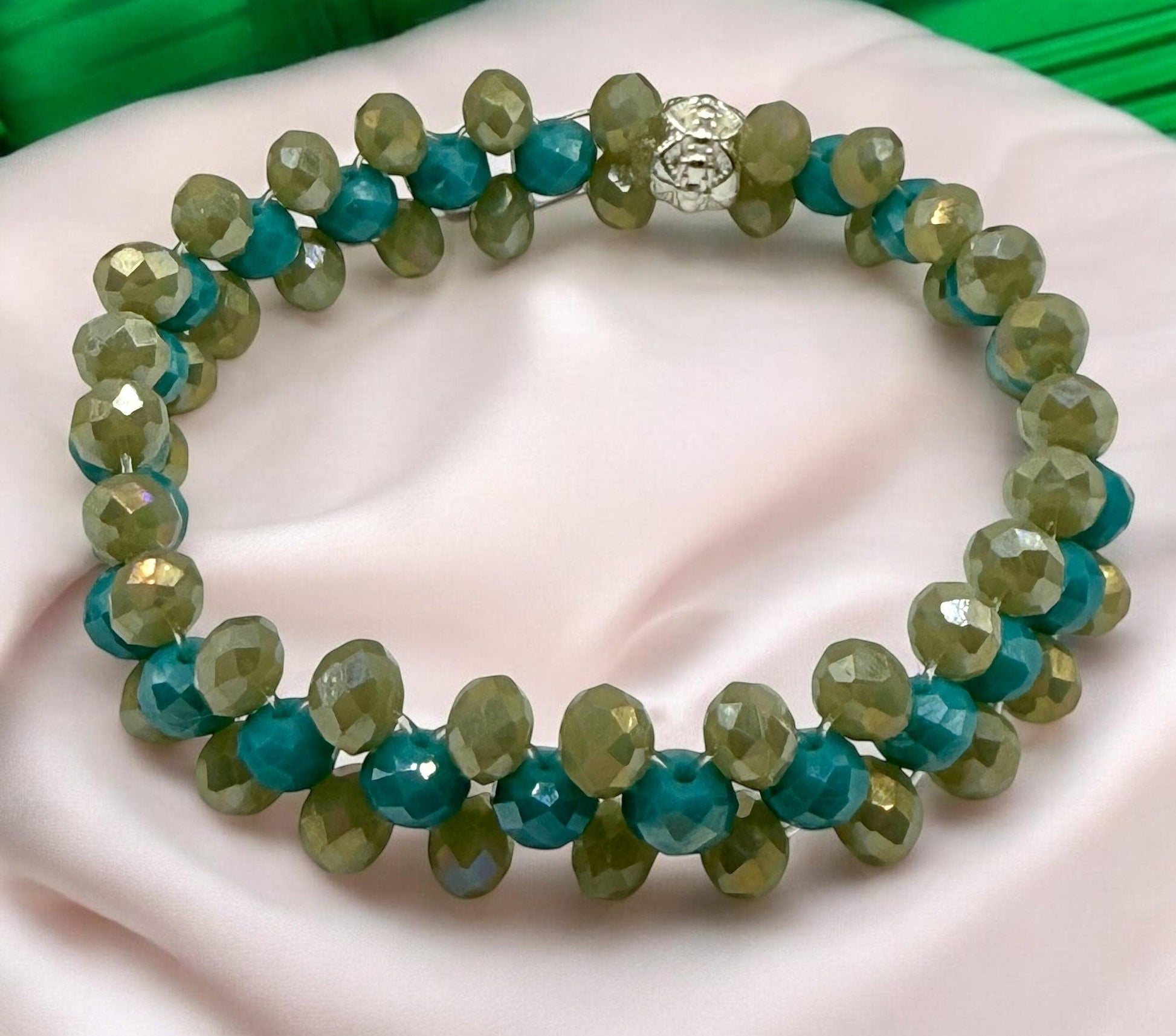 Sage and Turquoise Double Strand Stretch Bracelet 7&quot;-7.25&quot;