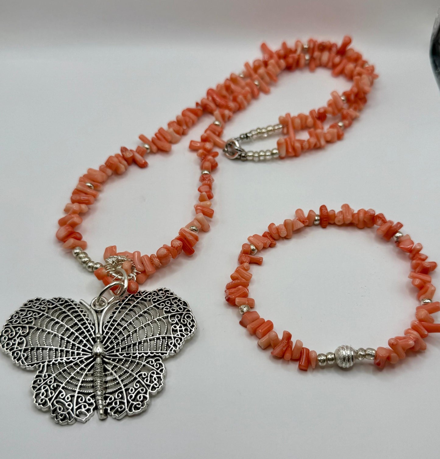 Coral 26&quot; Butterfly Pendant Necklace with Matching Stretch Bracelet 7.75&quot;-8&quot;