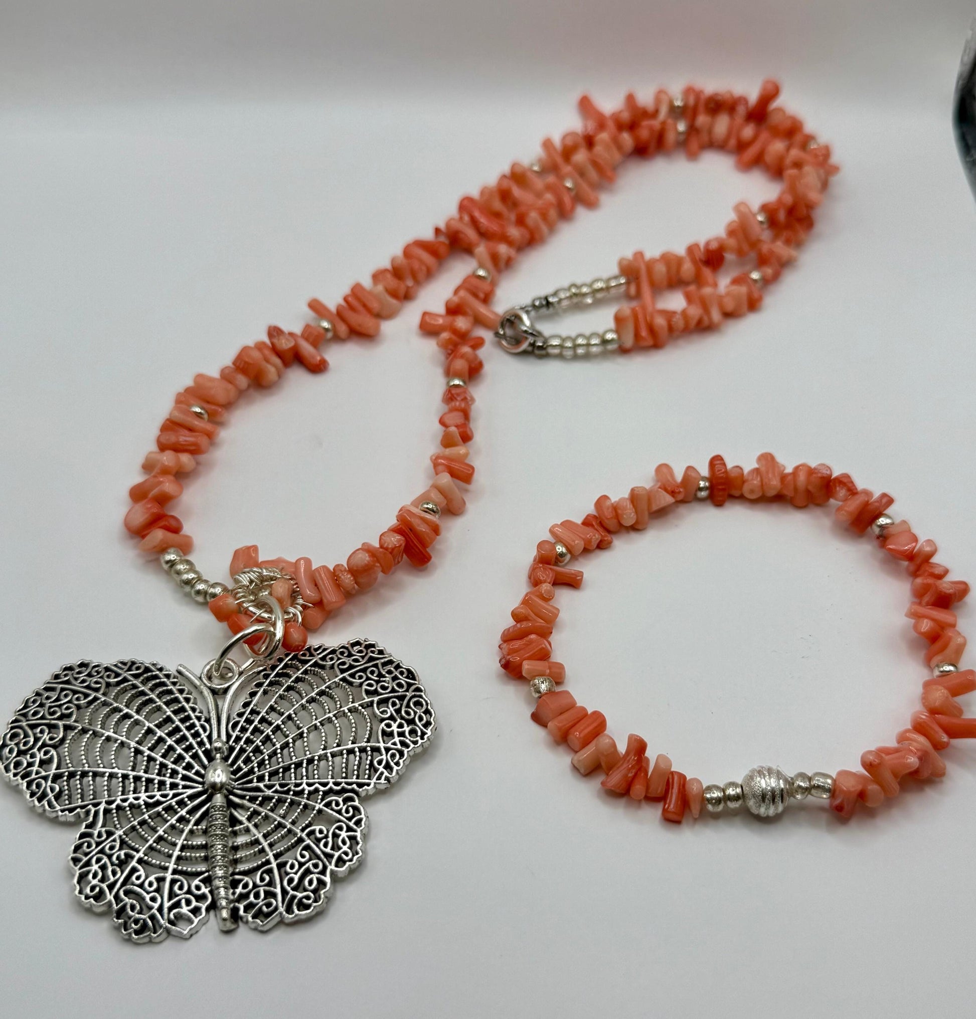 Coral 26&quot; Butterfly Pendant Necklace with Matching Stretch Bracelet 7.75&quot;-8&quot;