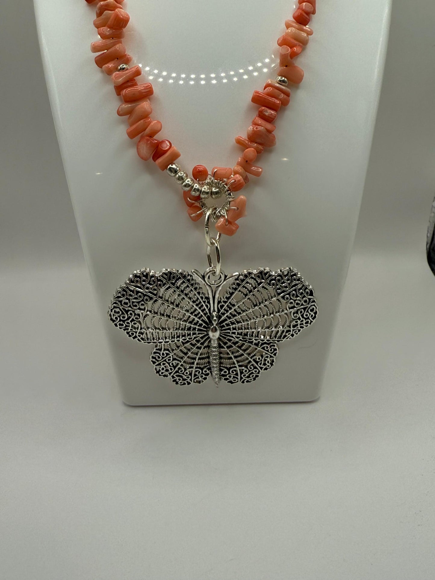 Coral 26&quot; Butterfly Pendant Necklace with Matching Stretch Bracelet 7.75&quot;-8&quot;