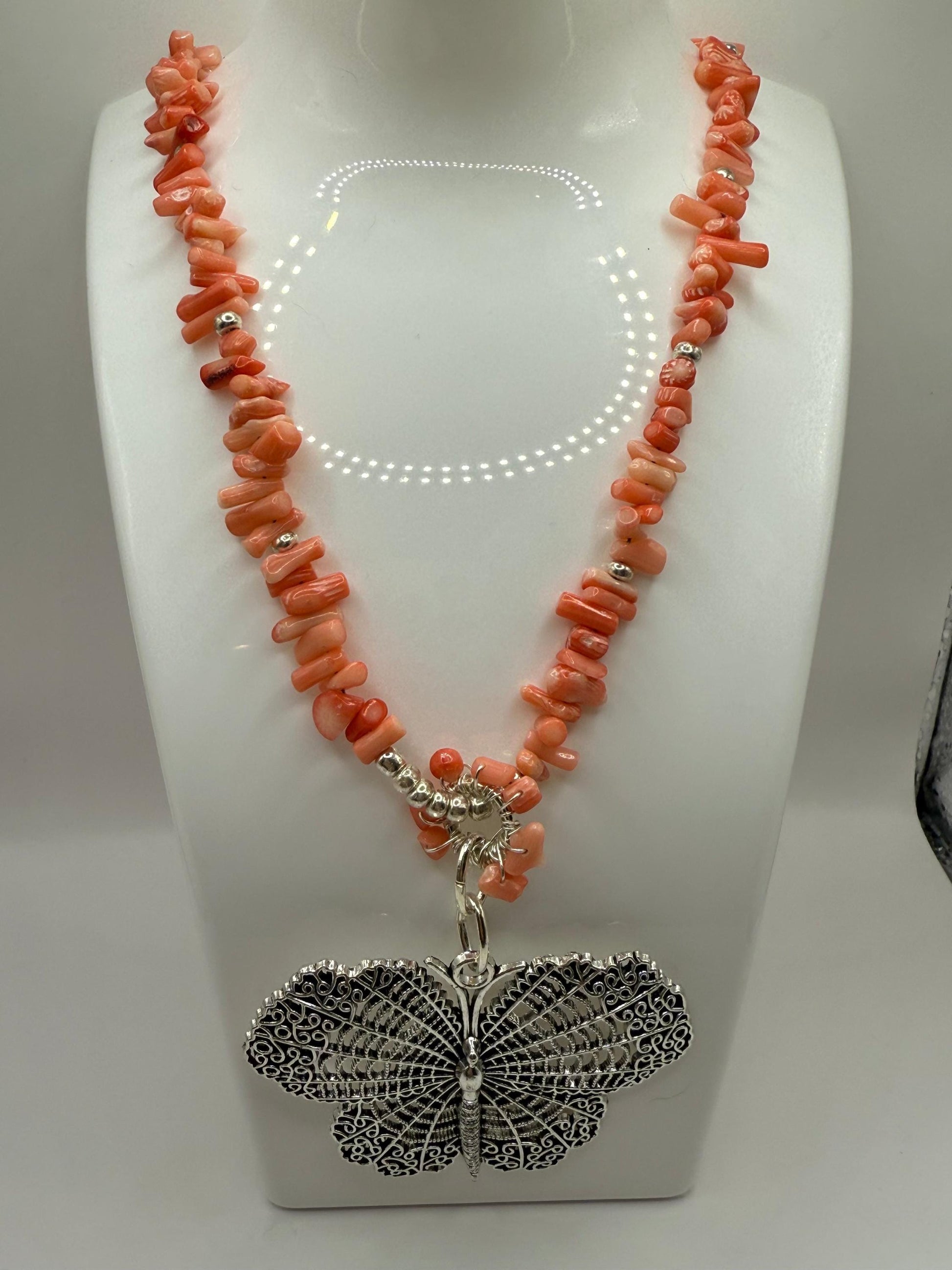 Coral 26&quot; Butterfly Pendant Necklace with Matching Stretch Bracelet 7.75&quot;-8&quot;
