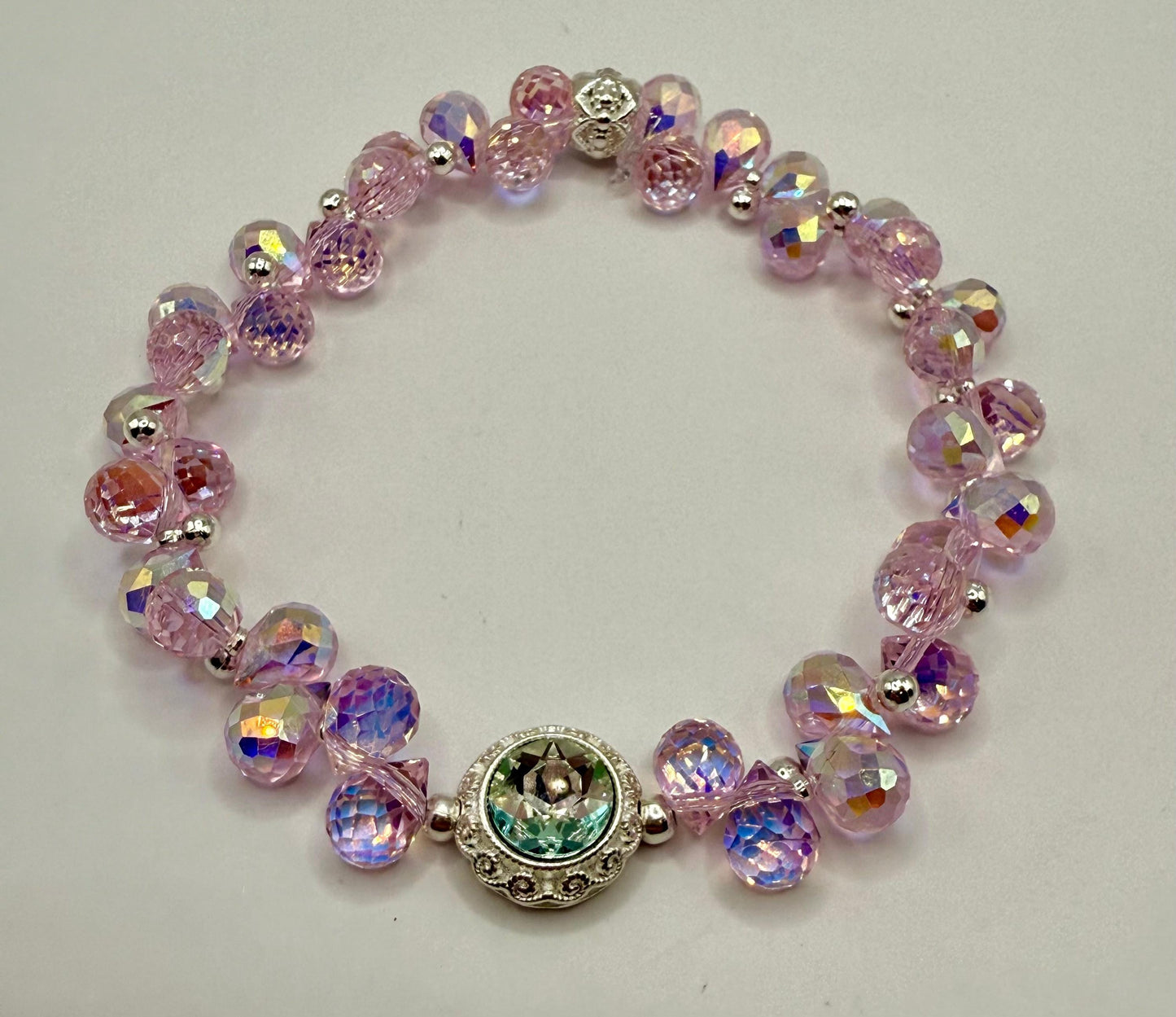 Pink Faceted Disco Stretch Bracelet with Rhinestone Focal 7.5&quot;-7.75&quot;