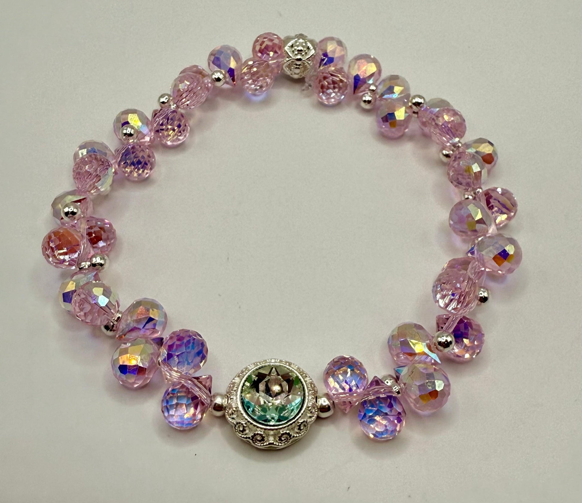 Pink Faceted Disco Stretch Bracelet with Rhinestone Focal 7.5&quot;-7.75&quot;