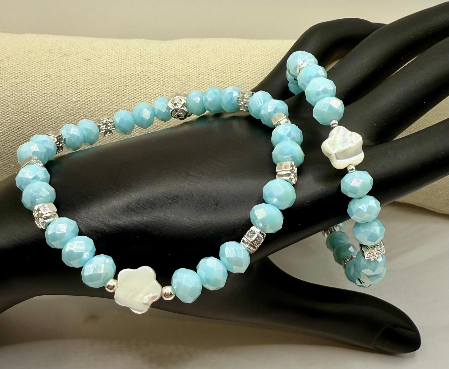 Sky Blue Faceted Glass with Mother of Pearl Petal Focal Bracelets