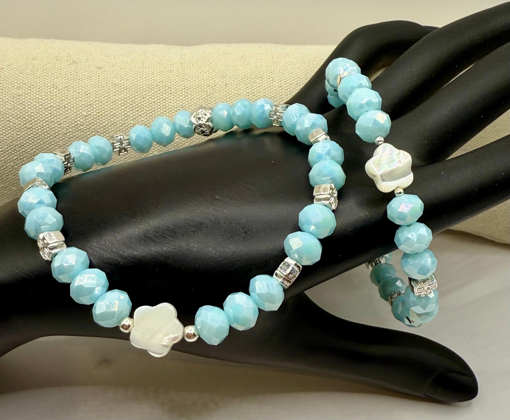 Sky Blue Faceted Glass with Mother of Pearl Petal Focal Bracelets