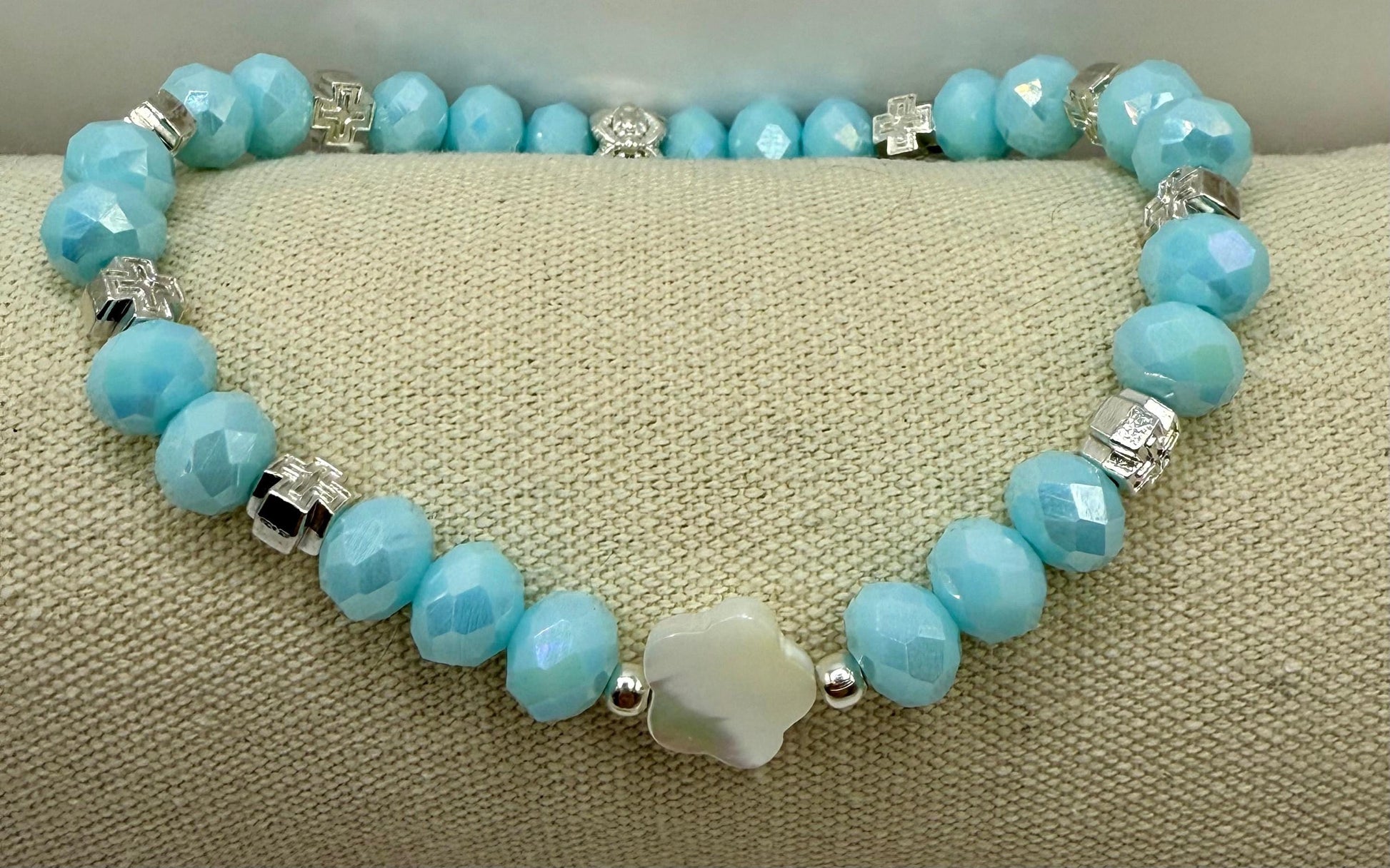 Sky Blue Faceted Glass with Mother of Pearl Petal Focal Bracelets