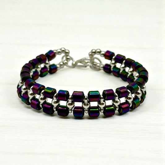 Dual band rainbow hematite bracelet – short barrel beads – unisex jewelry 7.75”-8” – adjustable resizing available – handmade gift