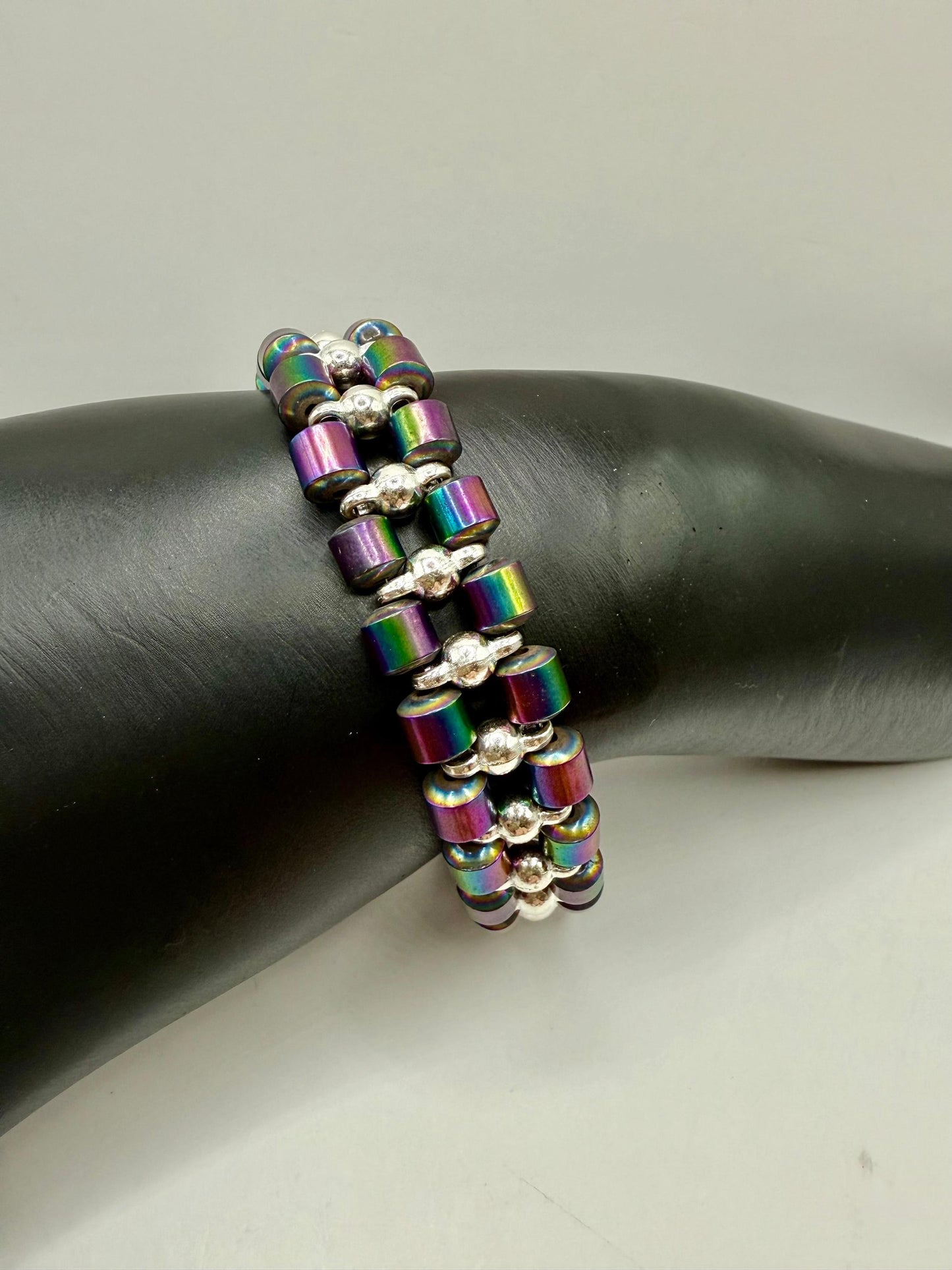 Dual band rainbow hematite bracelet – short barrel beads – unisex jewelry 7.75”-8” – adjustable resizing available – handmade gift