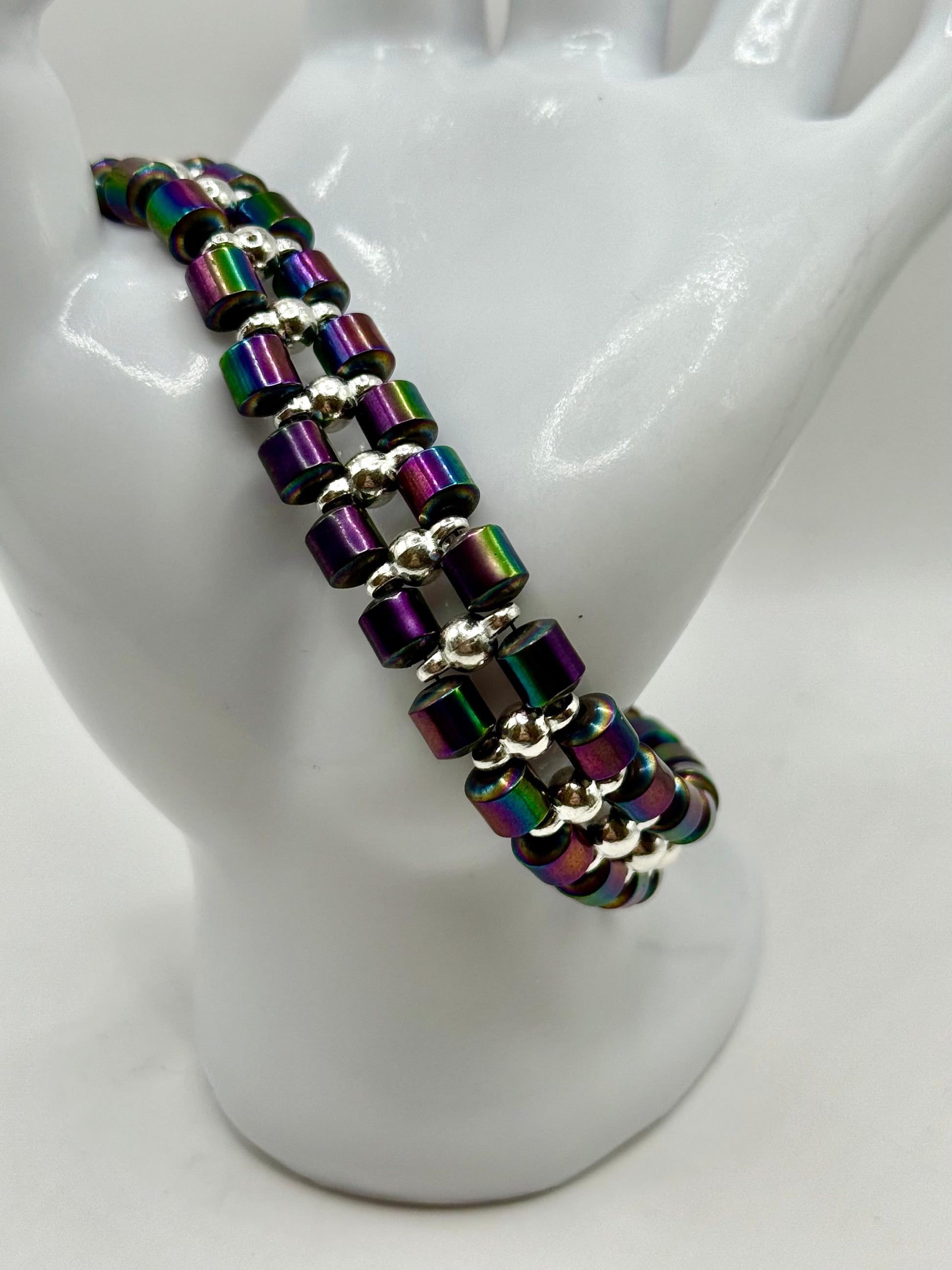 Dual band rainbow hematite bracelet – short barrel beads – unisex jewelry 7.75”-8” – adjustable resizing available – handmade gift