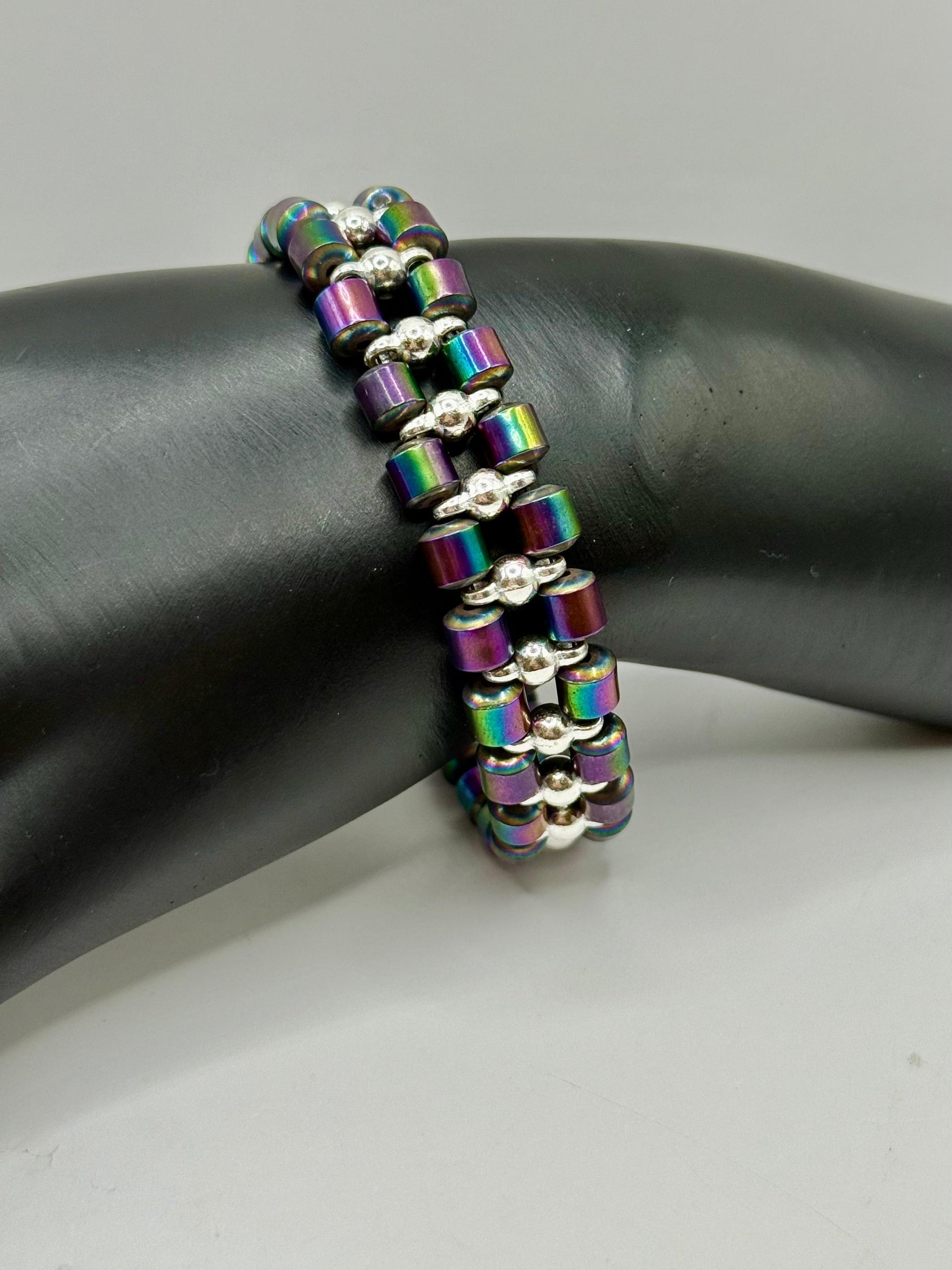 Dual band rainbow hematite bracelet – short barrel beads – unisex jewelry 7.75”-8” – adjustable resizing available – handmade gift