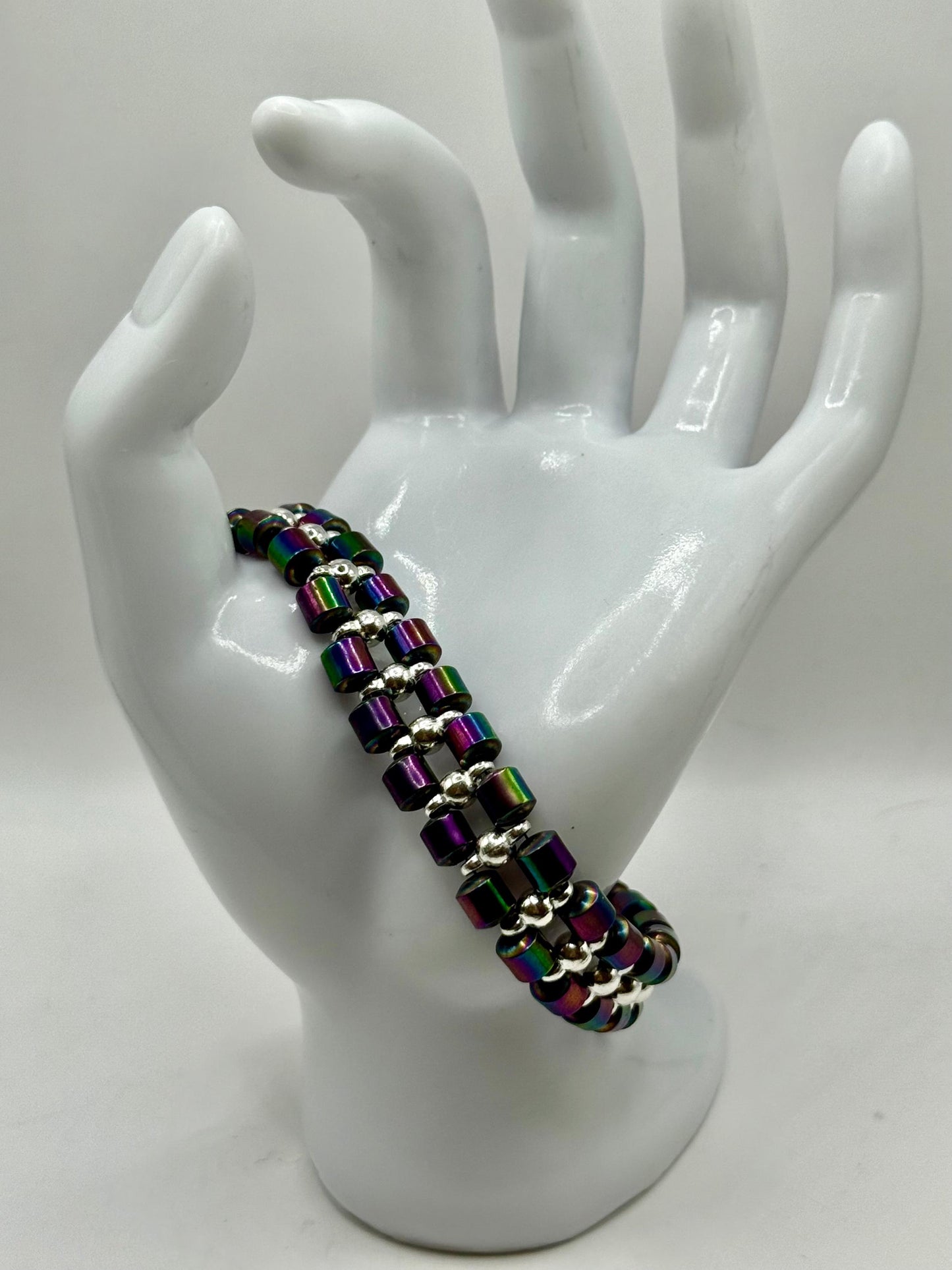 Dual band rainbow hematite bracelet – short barrel beads – unisex jewelry 7.75”-8” – adjustable resizing available – handmade gift
