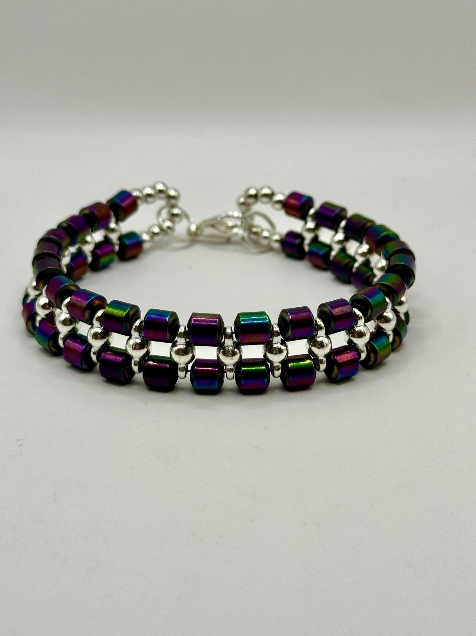 Dual band rainbow hematite bracelet – short barrel beads – unisex jewelry 7.75”-8” – adjustable resizing available – handmade gift