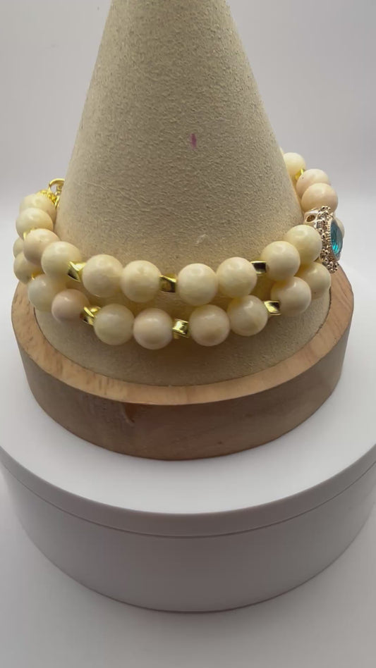 Vibrant Yellow Jade Double Strand Bracelet with Striking Blue Center Focal 7.5"