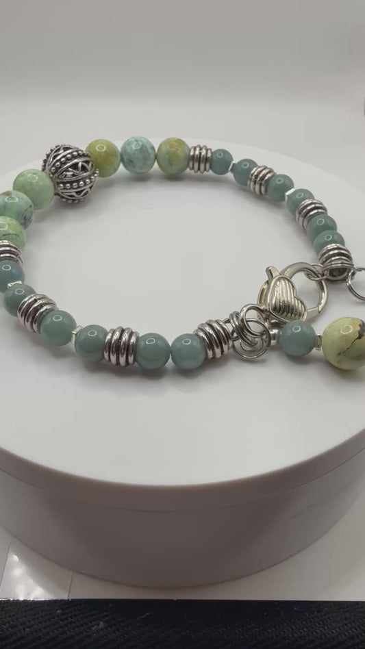 Handmade Variscite & Jade Bracelet: Healing Crystal Energy, Adjustable 7.75"