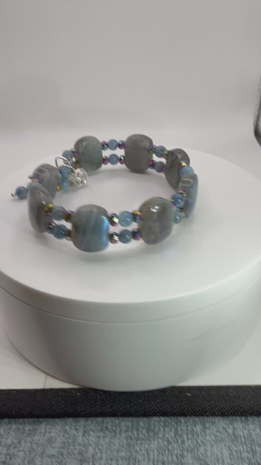 Labradorite Aquamarine Rainbow Hematite Double Bangle Bracelet | Adjustable 7.75–8" Clasp | Handmade Gemstone Jewelry