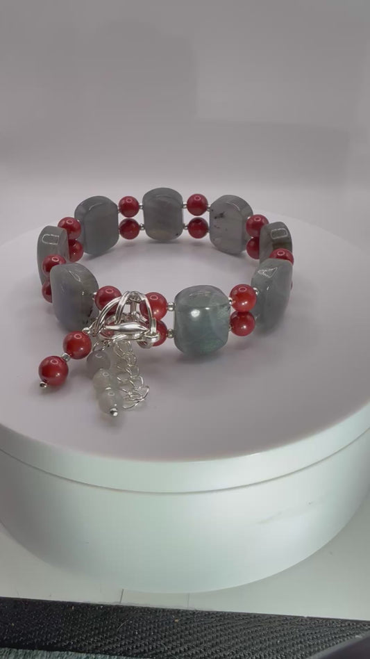 Labradorite Cinnabar Double Bangle Bracelet: Handmade Gemstone Statement Jewelry