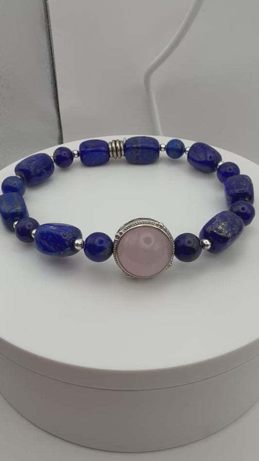 Lapis Lazuli stretch bracelet with Rose Quartz focal 8"
