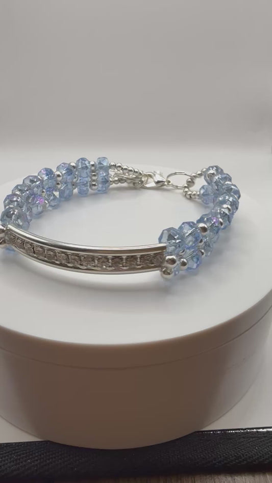 Sky Blue Crystal Bar Bracelet: Rhinestone Silver, Adjustable 7.5"