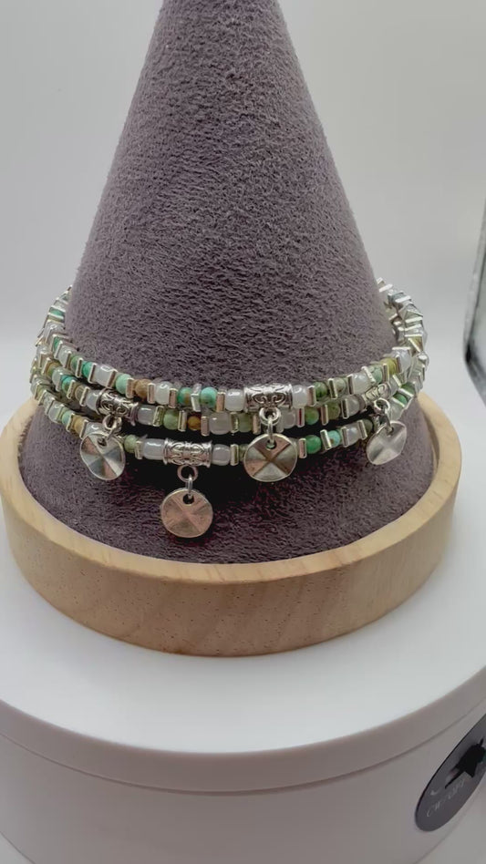 Glass Bead Wrap Bracelet with Silver Charms – Boho Layered Look, Handmade Jewelry Gift